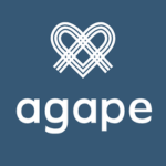 Agape logo with a white woven heart-like symbol above the word “agape” in white on a slate-blue background.