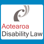 Aotearoa Disability Law logo with a grey koru-like spiral symbol above red and grey text reading “Aotearoa Disability Law” on a white background.