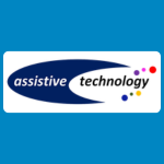 Assistive Technology logo with two dark blue oval shapes and the words “assistive technology” in lowercase, with small coloured dots to the right, on a white background.