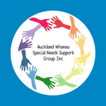 Circular logo for Auckland Whānau Special Needs Support Group, showing multicoloured hands arranged around the edge of a white circle, with the group name in the centre.