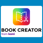 Book Creator from Kami logo with a rainbow-gradient rounded square containing a dotted book outline and scissors icon, above black text reading “BOOK CREATOR” and smaller purple text reading “from kami” on a white background.
