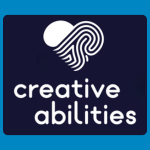 Creative Abilities heart-shaped logo with a stylised white fingerprint above the words “creative abilities” in rounded white lettering on a dark blue background.