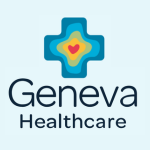 Geneva Healthcare logo with a teal-blue, green and yellow cross containing a small red heart at the centre, above the words “Geneva Healthcare” on a pale blue background.
