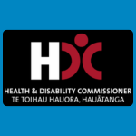 Health and Disability Commissioner logo with large white letters “HDC” and a red dot motif above smaller white text reading “Health & Disability Commissioner / Te Toihau Hauora, Hauātanga” on a black background.