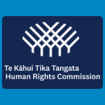 Human Rights Commission logo with a white woven tree-like symbol above bilingual white text reading “Te Kāhui Tika Tangata Human Rights Commission” on a dark blue background.