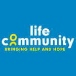 Life Community logo with the words “life community” in white and yellow on a blue background, with the tagline “bringing help and hope.”