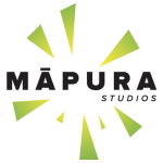 Māpura Studios logo with black text and green radiating shapes forming a starburst around the centre on a white background.