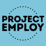 Project Employ logo, featuring “PROJECT EMPLOY” in bold black capital letters surrounded by a dotted circular outline, on a pale blue background.