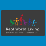 Real World Living logo, featuring colourful silhouettes of people of different ages and abilities, including a wheelchair user, above the name and the tagline “Supporting Abilities • Empowering Lives” in white, on a dark grey background.