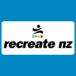 Recreate NZ logo with a small black figure above coloured stacked shapes and the words “recreate nz” in black on a white background.