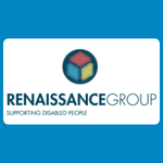 Renaissance Group logo, featuring a circular geometric emblem in teal, red and dark blue above the words “RENAISSANCE GROUP,” with the tagline “Supporting Disabled People” underneath, on a white background.