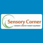 Sensory Corner logo with a green circular swoosh around orange text reading “Sensory Corner,” with "Sensory and motor therapy equipment' written in smaller grey text underneath on a white background.