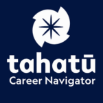 Tāhatu Career Navigator logo, featuring a white eight-pointed compass star inside a broken circular shape above the words “tāhatu” and “Career Navigator” in white, on a dark navy background.