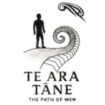 Te Ara Tāne logo, featuring a black silhouette of a man on a patterned pathway that curls into a large koru, with a feather-like motif above and the words “The Path of Men” underneath, on a white background.