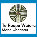 Te Roopu Waiora logo with a circular koru-like maze design featuring a small pink centre, above the words “Te Roopu Waiora” and “Mana whānau” on a white background.