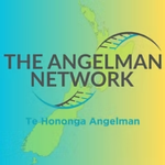 The Angelman Network logo, featuring a pale green map of New Zealand crossed by a curved blue double-helix design, with the name and “Te Hononga Angelman” on a turquoise-to-yellow gradient background.