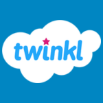 Twinkl logo with rounded blue text reading “twinkl” inside a white cloud shape on a blue background.