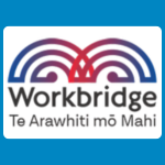 Workbridge logo, featuring overlapping bridge-like arches in blue, purple and red above the organisation’s name in black, with “Te Arawhiti mō Mahi” in grey underneath, on a white background.