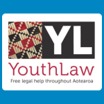 YouthLaw logo with a patterned square beside large white letters “YL” on a dark background, and red text reading “YouthLaw” with smaller text “Free legal help throughout Aotearoa.”