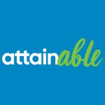 AttainAble logo with “attain” in bold white lettering and “able” in flowing lime-green script on a blue background.