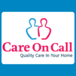 Care On Call logo featuring overlapping blue and pink outlined figures above pink lettering and the tagline “Quality Care In Your Home” on a white background.