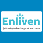 Enliven logo with turquoise lettering, a small radiating symbol above the “i,” and the words “Presbyterian Support Northern” in grey on a white background.