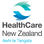 HealthCare New Zealand logo with a blue and teal circular wave-like symbol above grey text reading “HealthCare New Zealand” and smaller blue text reading “Awhi te Tangata” on a white background.