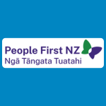 People First NZ logo, featuring the words “People First NZ” and “Ngā Tāngata Tuatahi” in purple beside a green and purple butterfly, on a white background.