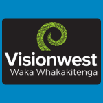 Visionwest Waka Whakakitenga logo, featuring a textured green koru above “Visionwest” in white and “Waka Whakakitenga” in grey, on a dark charcoal background.