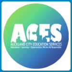 ACES logo with the letters “ACES” in white on a blue-green circular background, with smaller text around the edge reading “Auckland City Education Services.”