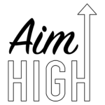 Aim High logo with black handwritten-style “Aim” above outlined capital letters spelling “HIGH,” with the final letter extending upward into an arrow.