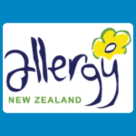 Allergy New Zealand logo with dark blue handwritten-style lettering, a yellow flower, and green “New Zealand” text on a white background.