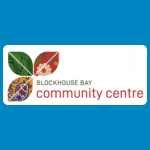 Blockhouse Bay Community Centre logo, featuring a small square collage of colourful nature and community images beside “Blockhouse Bay” in grey and “community centre” in red, on a white background.