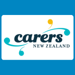 Carers New Zealand logo with black lettering surrounded by teal and yellow curved shapes and droplets on a white background.