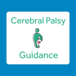 Cerebral Palsy Guidance logo with teal lettering and a small green-and-pink illustrated figure in the centre on a white background.