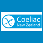 Coeliac New Zealand logo with white lettering and a crossed-grain symbol inside a white circle on a bright blue background.