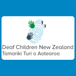 Deaf Children New Zealand logo featuring blue concentric lines, surrounded by green and blue hands and small grey musical notes, above the words “Deaf Children New Zealand” and “Tamariki Turi o Aotearoa” on a white background.