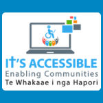 It’s Accessible logo with a laptop screen showing accessibility symbols and blue text reading “It’s ACCESSIBLE,” with smaller text underneath reading “Enabling Communities / Te Whakaae i nga Hapori,” on a white background.