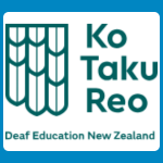 Ko Taku Reo Deaf Education New Zealand logo with a teal woven vertical motif beside dark green text reading “Ko Taku Reo” and smaller text underneath reading “Deaf Education New Zealand” on a white background.