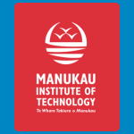 Manukau Institute of Technology logo with a white circular emblem above stacked white text reading “MANUKAU INSTITUTE OF TECHNOLOGY” on a red background.