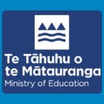 Ministry of Education logo with white bilingual text reading “Te Tāhuhu o te Mātauranga / Ministry of Education” on a dark blue square.