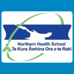 Northern Health School logo with a blue ribbon-like shape and a white Northern New Zealand-shape inside a green circular line, with the text “Northern Health School / Te Kura Awhina Ora o te Raki” on a white background.
