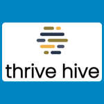 Thrive Hive logo, featuring a stylised beehive made from stacked horizontal bars in dark grey, gold and pale yellow above the words “thrive hive” in black lowercase lettering, on a white background.