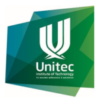 Unitec logo with a white stylised shield-like emblem and the words “Unitec Institute of Technology” in white on layered green and blue geometric shapes.