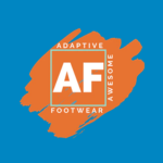 Adaptive Footwear logo with white shield-shaped initials “AF” and surrounding text reading “ADAPTIVE FOOTWEAR” and “AWESOME” on an orange brushstroke background.