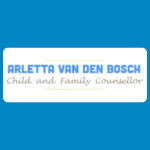 Arletta van den Bosch logo, featuring the counsellor’s name in blue capital letters above “Child and Family Counsellor” in gold script, with fine gold horizontal lines on a white background.