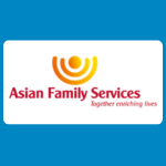 Asian Family Services logo with an orange and yellow dot and half circles above red text reading “Asian Family Services” and smaller red text reading “together enriching lives” on a white background.