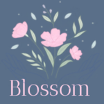Blossom logo, featuring an illustrated bouquet of pale pink flowers and soft green leaves above the name “Blossom” in pale pink lettering, on a muted blue-grey background.