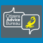 Citizens Advice Bureau logo with white text reading “Citizens Advice Bureau” inside grey speech bubbles, with a small yellow bird on the right, on a dark grey background.