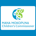 Mana Mokopuna Children’s Commissioner logo with a blue and green koru-style circular figure above blue text reading “MANA MOKOPUNA Children’s Commissioner” on a white background.